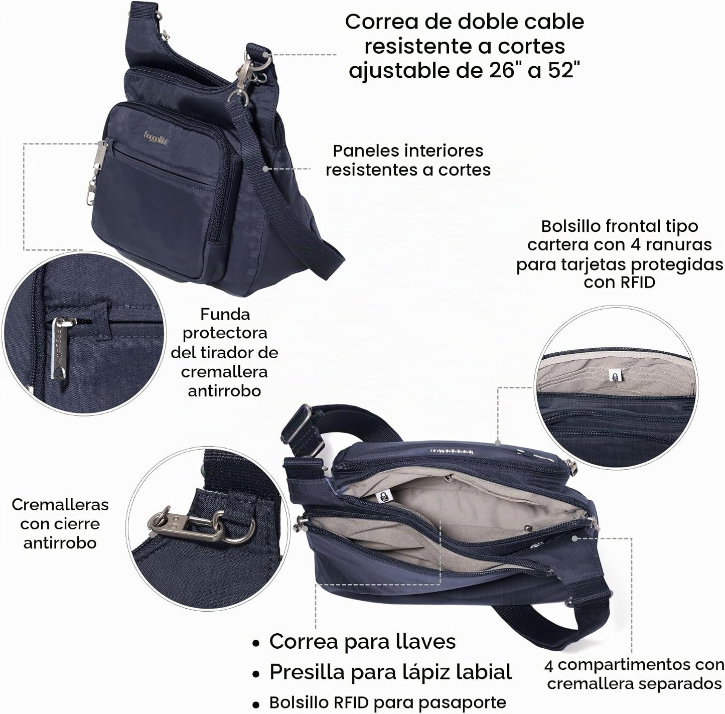 Baggallini Securtex Bandolera cruzada antirrobo 11\u201Dw X 8.5\u20...