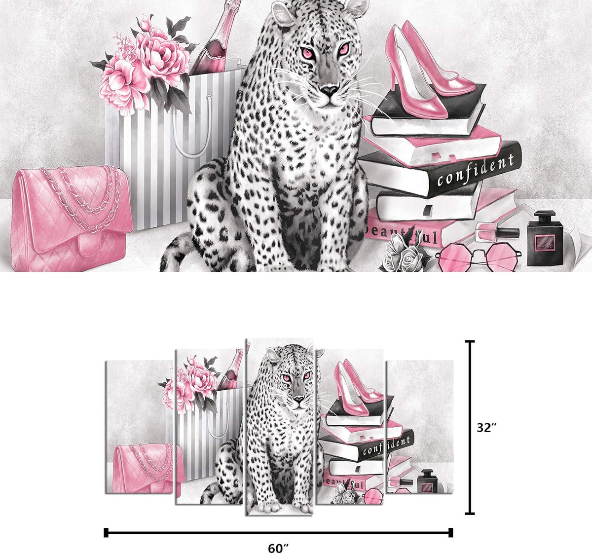 Kalormore Fashion Glam Poster Negro y Blanco Leopardo con Flores Ro...