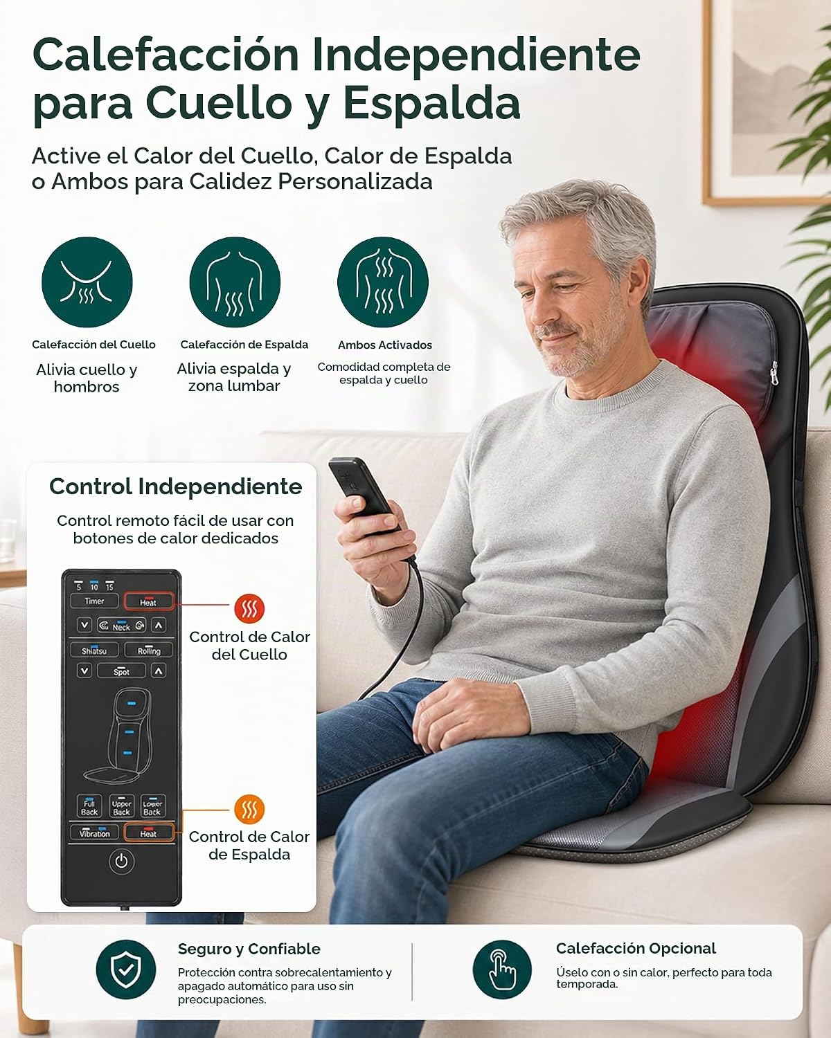 Snailax Shiatsu - Masajeador de espalda con calor, almohadilla para...