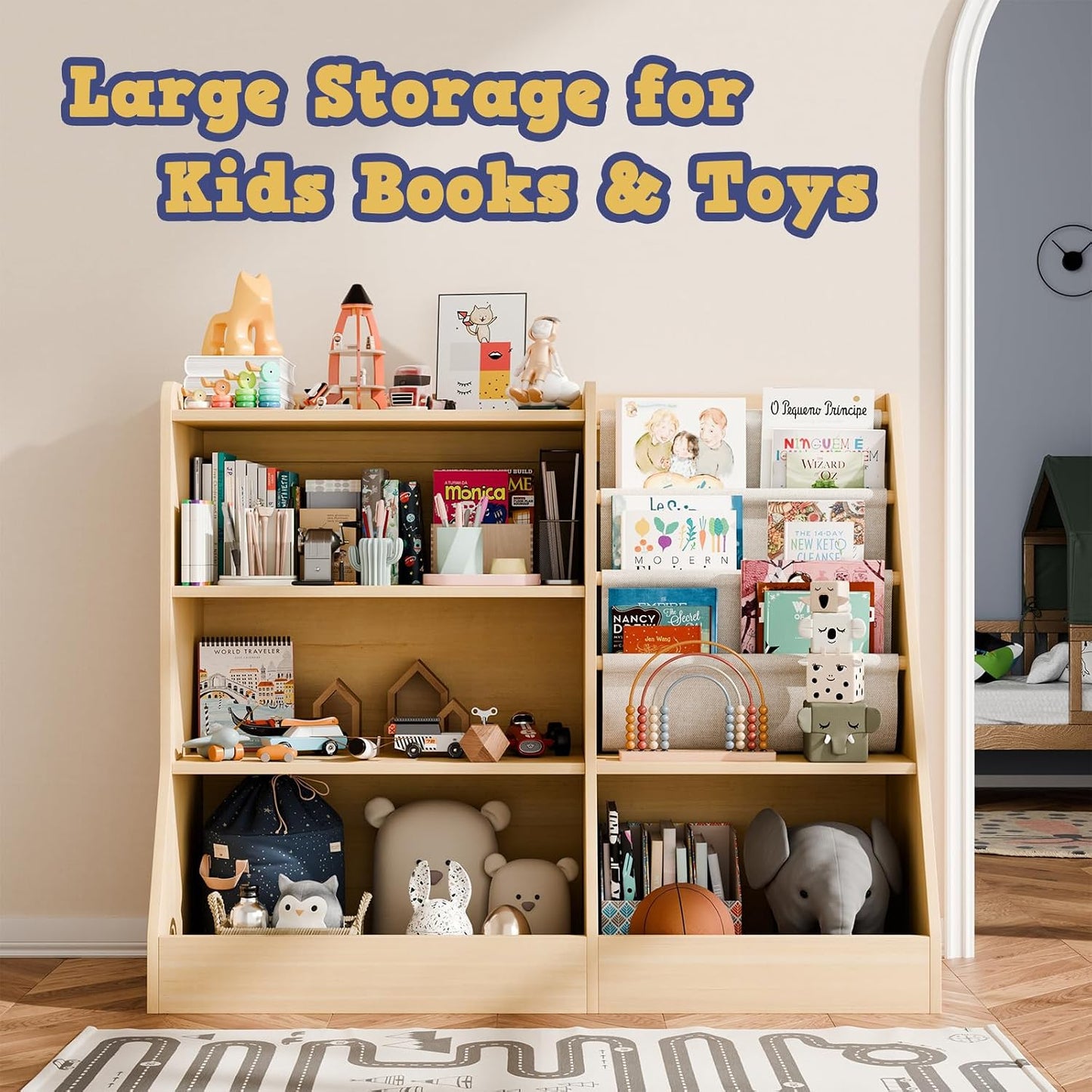IKALIFE Estantería de madera grande para niños de 39" y organiz...