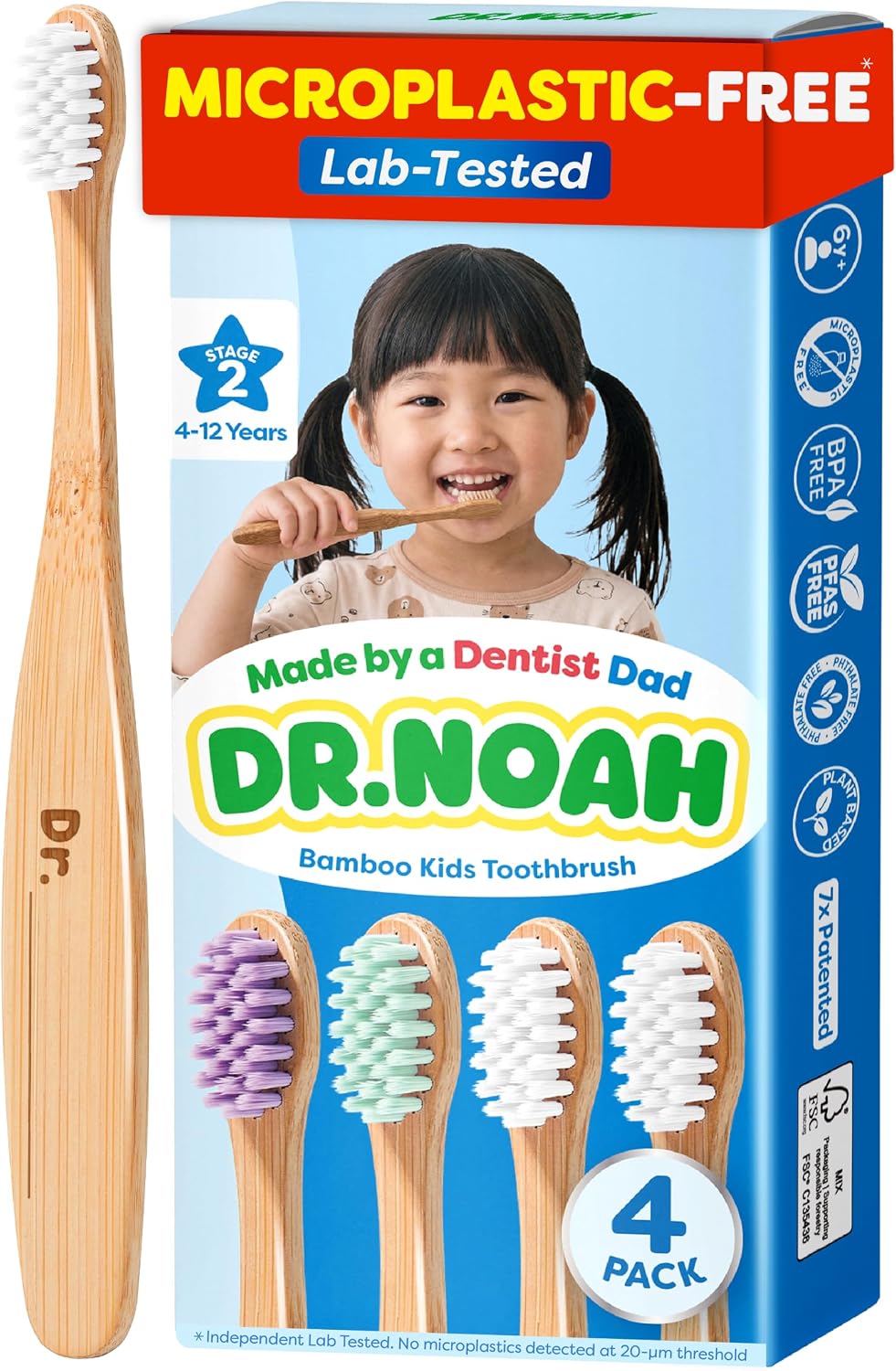 Dr. Noah Cepillo de dientes de bambú sin microplásticos para niños,...