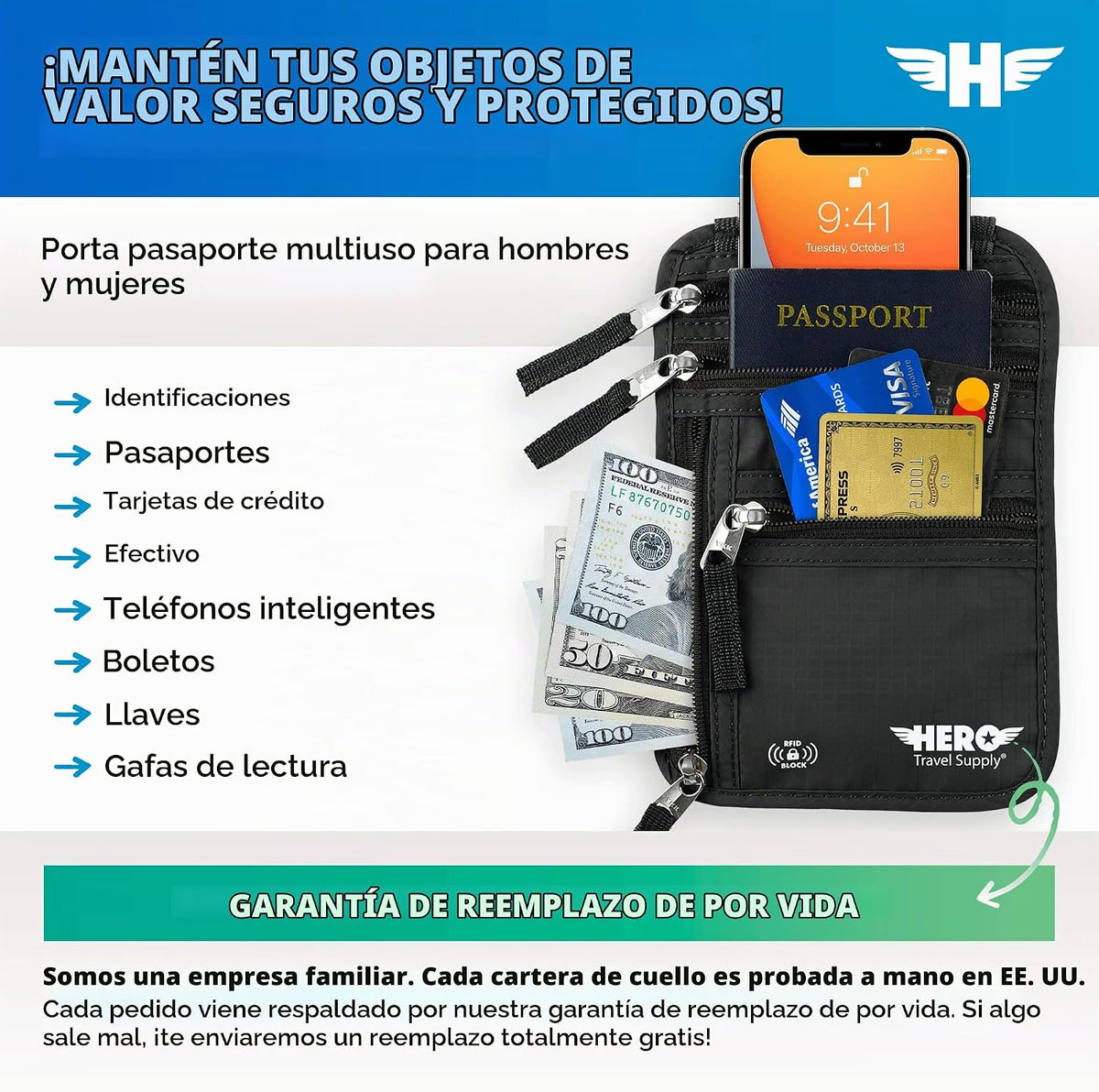 HERO - Cartera para el cuello - Soporte para pasaporte con bloqueo...