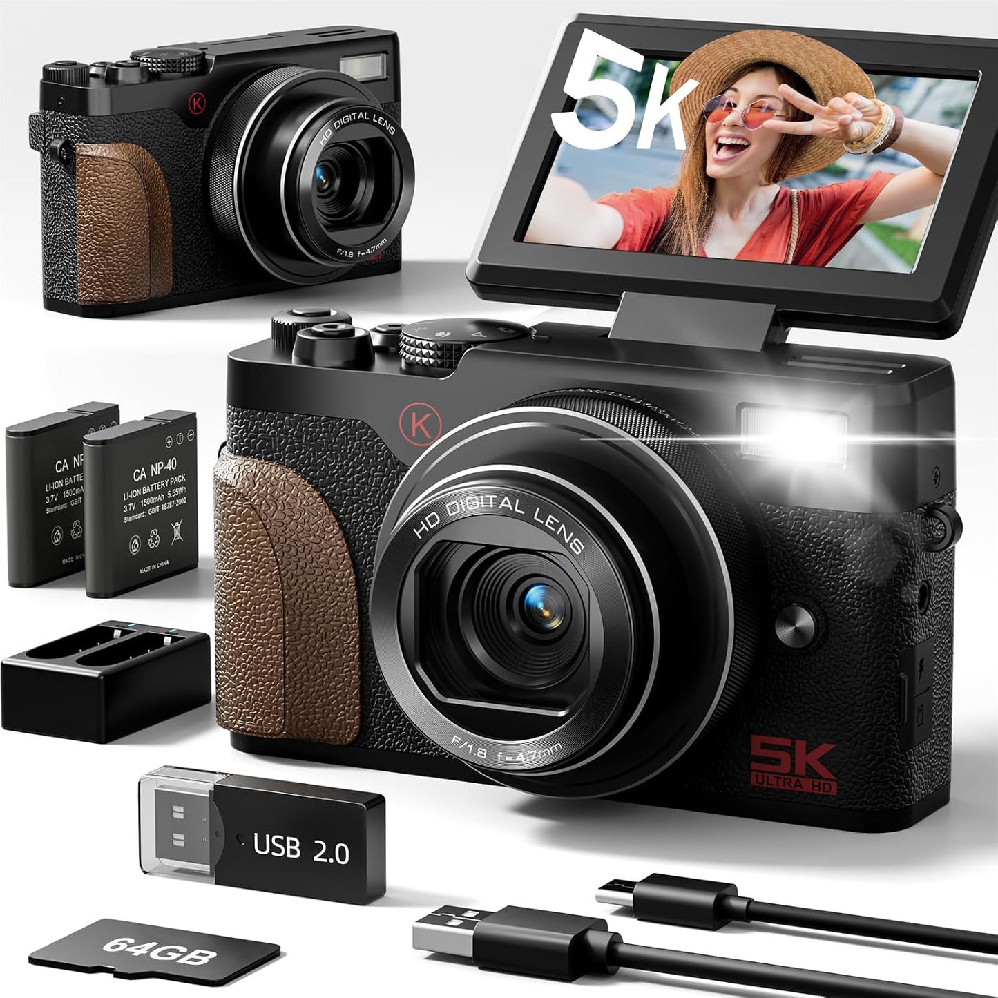 NBD Cámaras digitales 5K 64MP para fotografía, zoom digital 18X, pa...