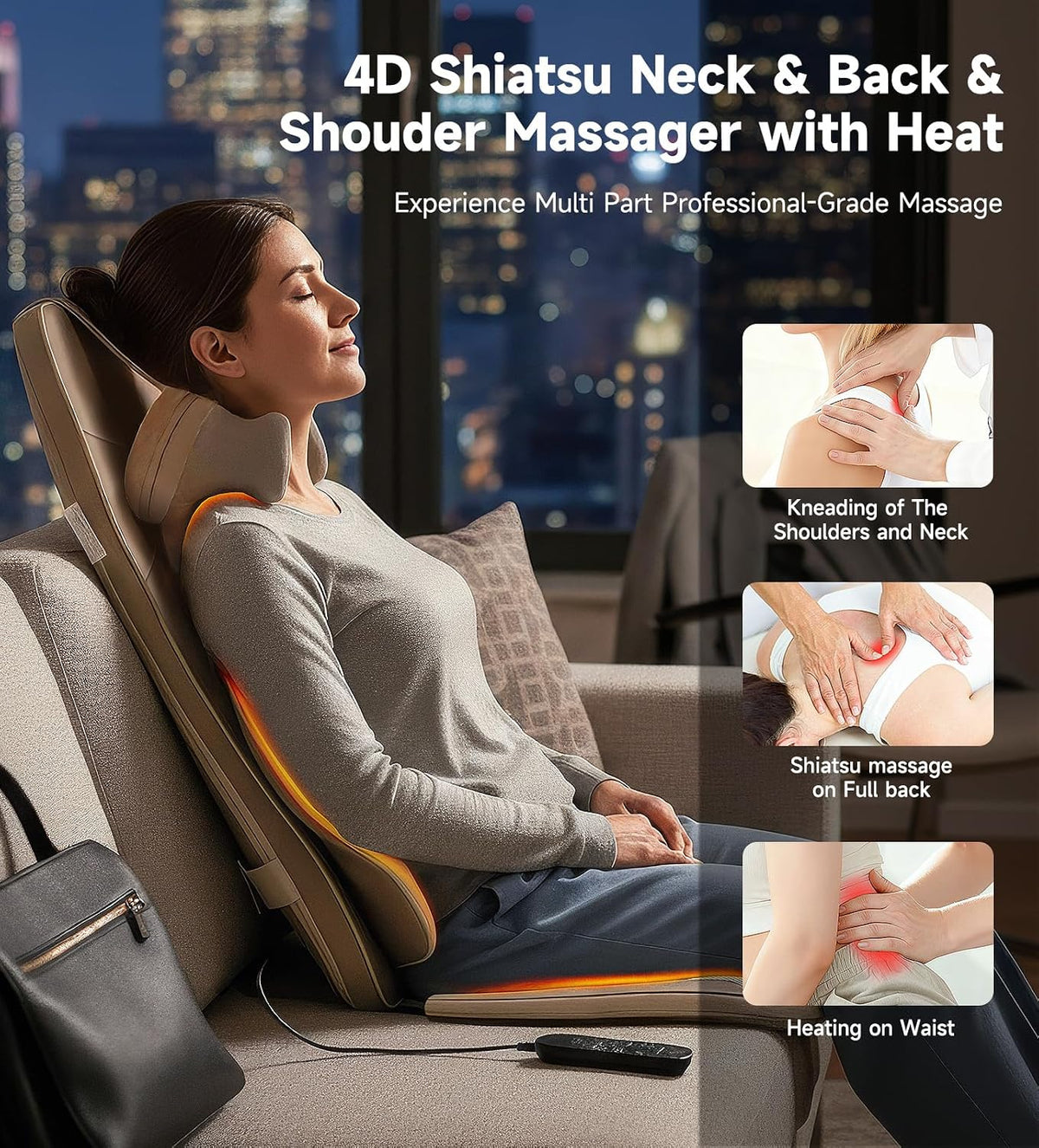 Flekzo Masajeador de espalda para silla con calor, shiatsu cuello y...