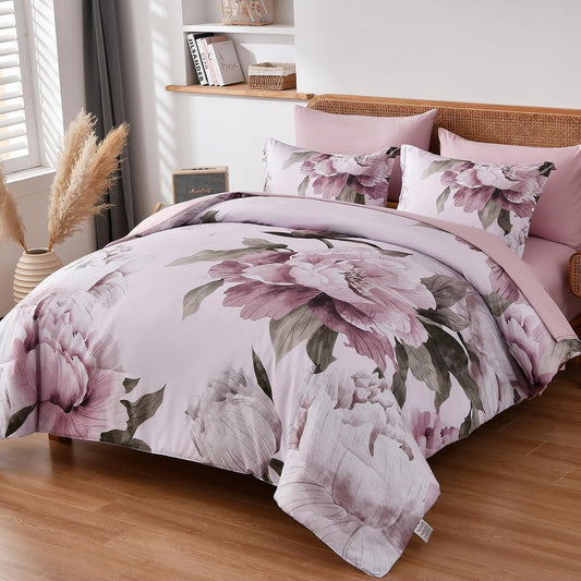 Dobuyly Juego de edredón rosa tamaño completo de 7 piezas cama en u...