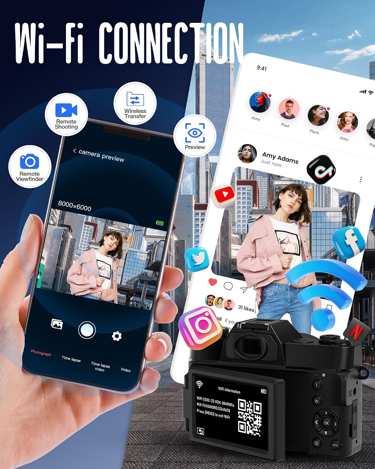 Yatao Cámara digital con pantalla abatible WiFi 6K, micrófono y luz...