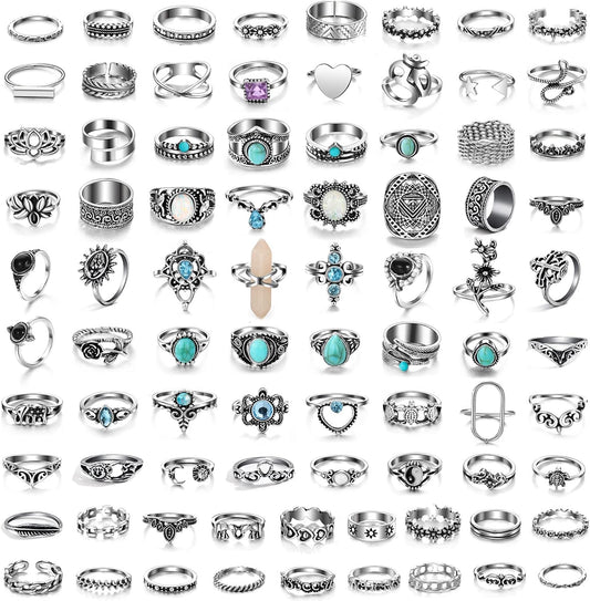 17IF Juego de anillos de nudillos plateados vintage para mujeres y...