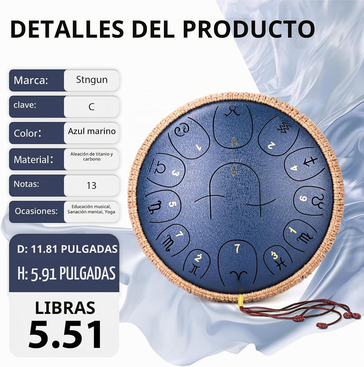 Tambor de Lengua de Acero, 12 Pulgadas 13 Notas Tambor Handpan, Tam...