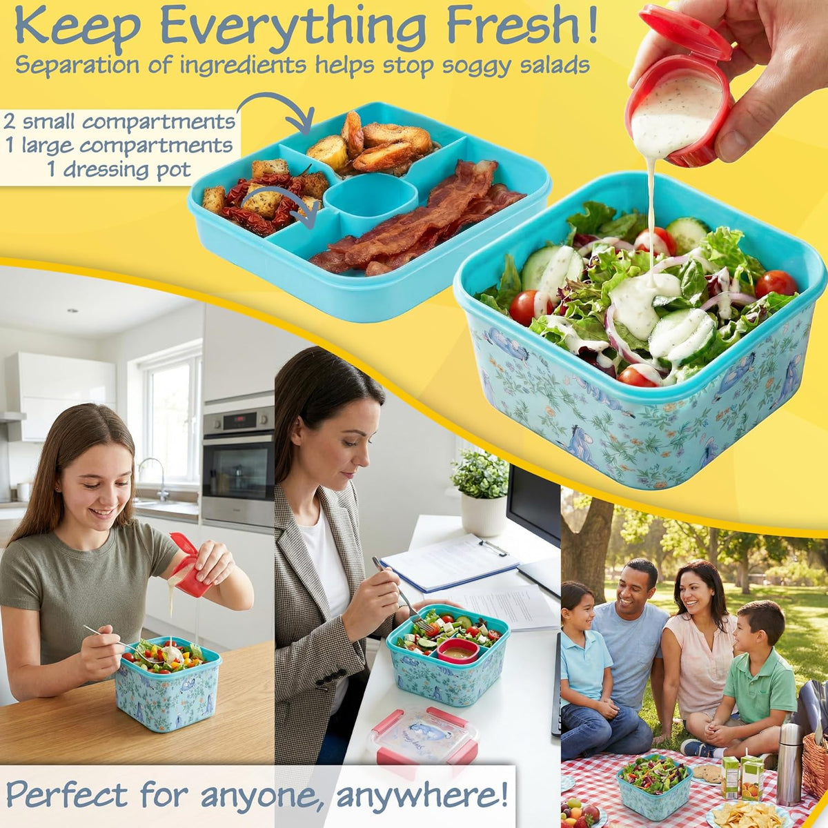 Disney Eeyore - Contenedor de ensalada Bento para niños, lonchera p...