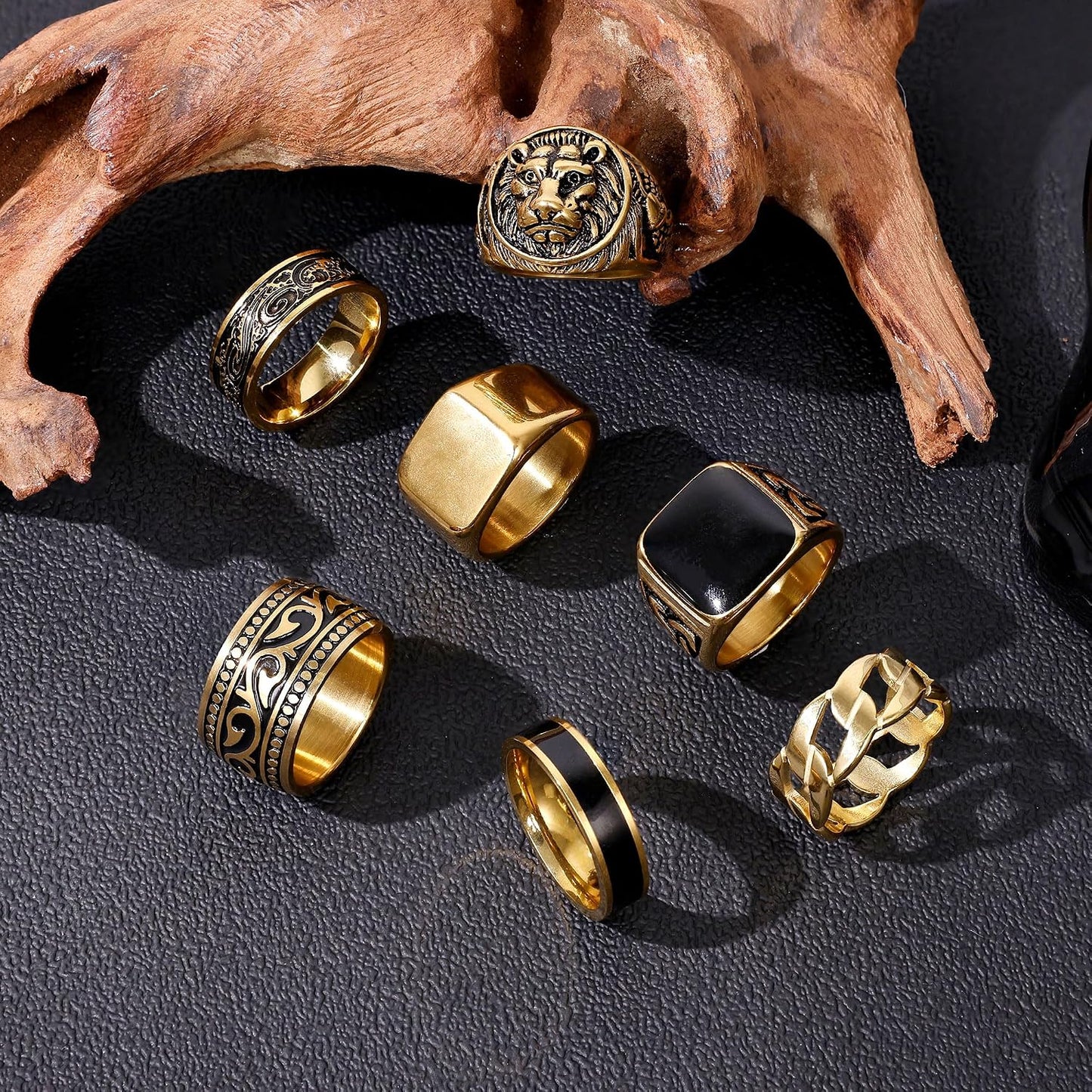 AFSITNIG - Juego de 7 anillos de acero inoxidable vintage para homb...