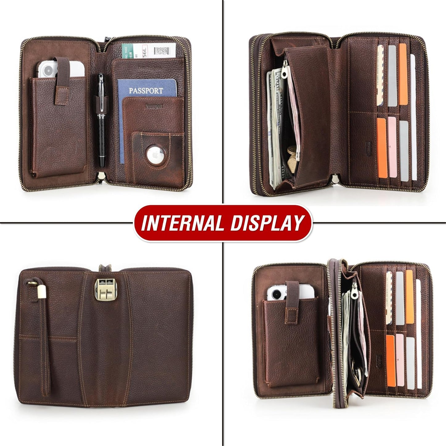 Cartera de cuero genuino de grano superior con cremallera para homb...