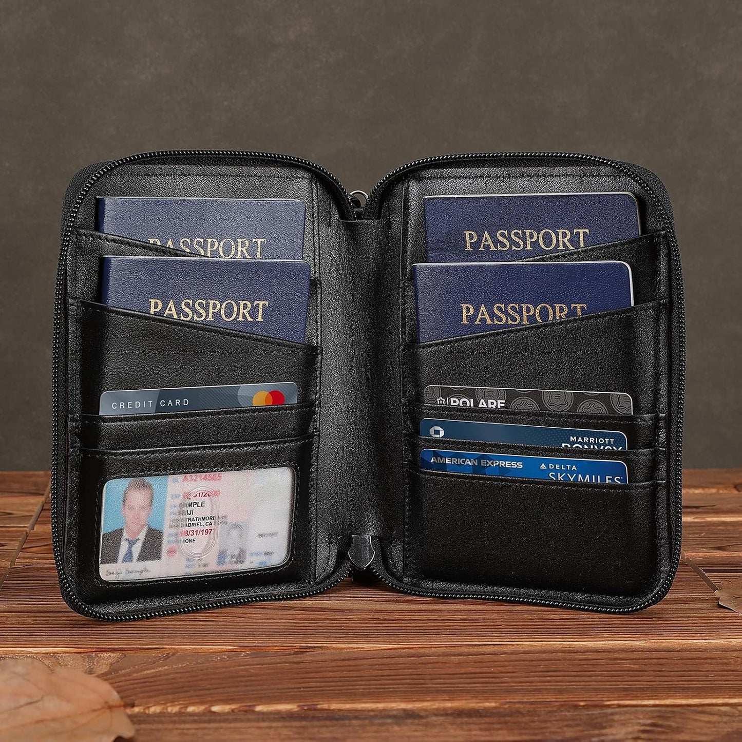 Polare - Cartera de piel de napa, para pasaporte familiar, para 4 p...