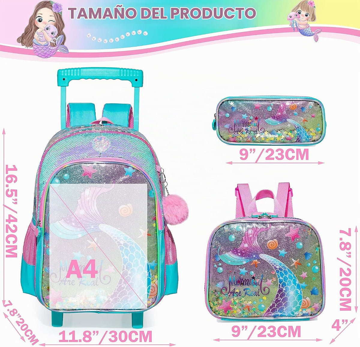 Meetbelify Mochila con ruedas de sirena para niñas y niños, mochila...