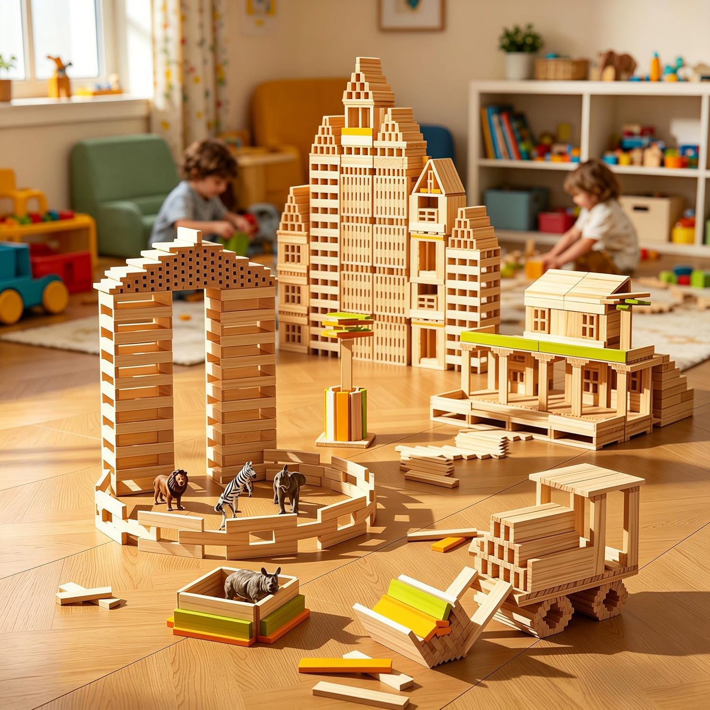 Kit de 300 tablones de construcción de madera arcoíris premium, jue...