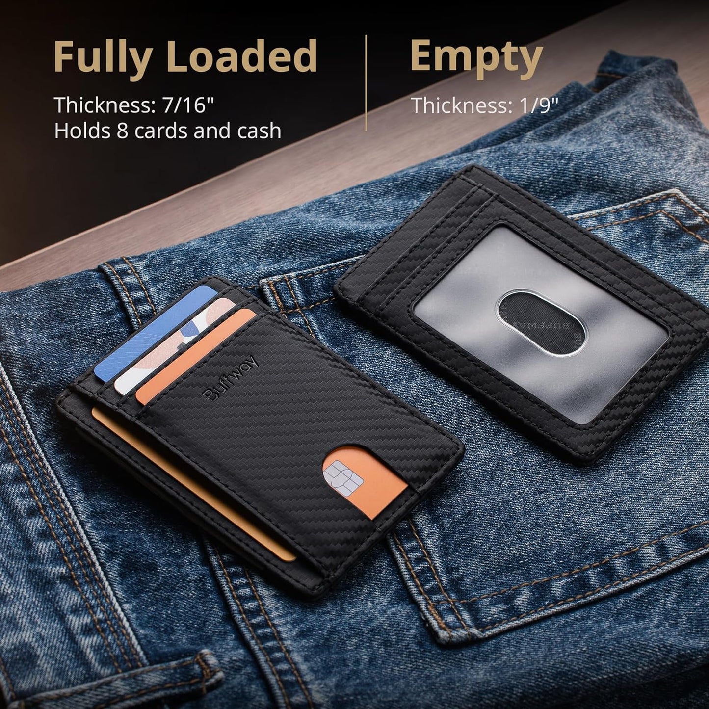 Buffway - Billetera delgada minimalista de cuero con protección RFI...