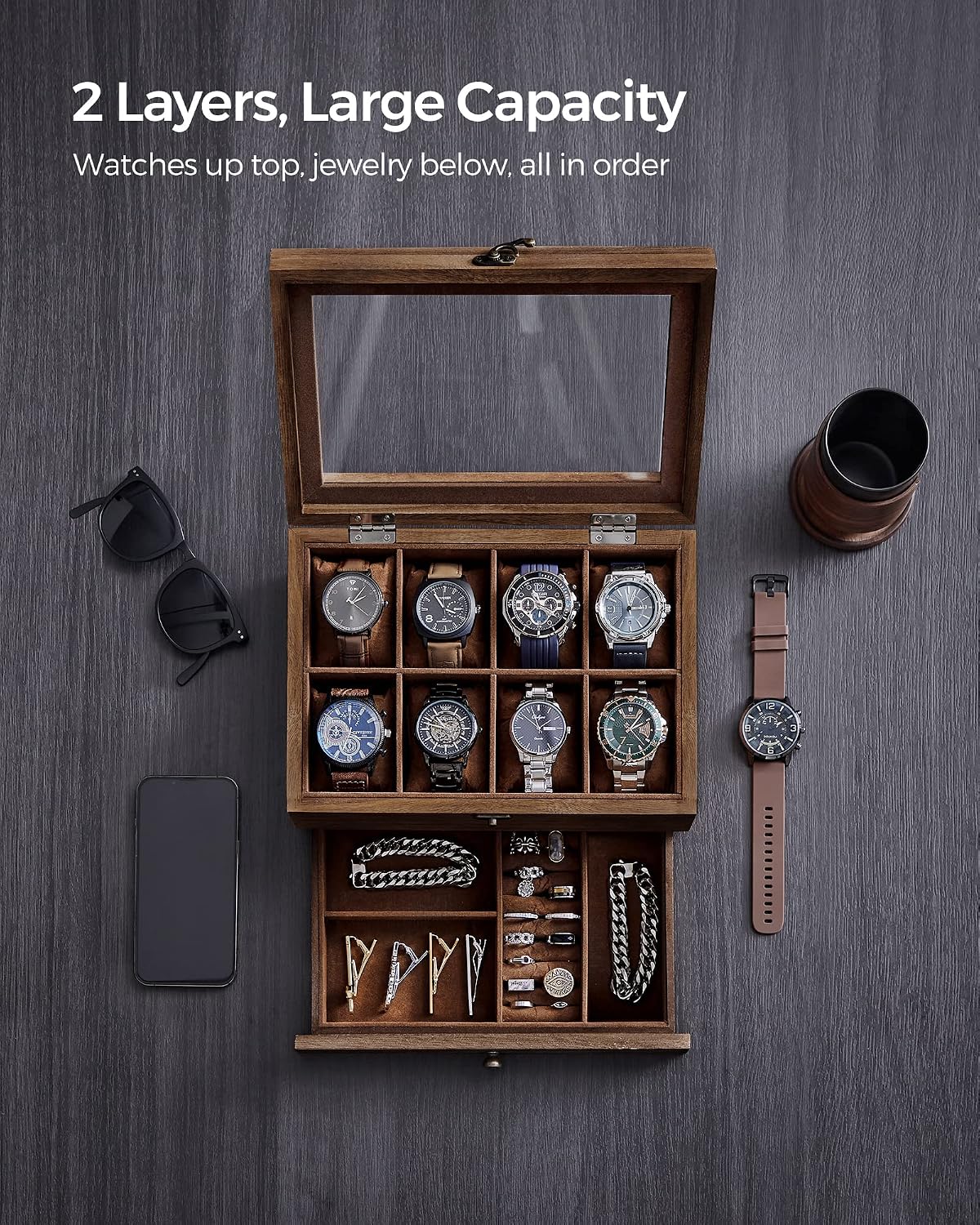 SONGMICS Caja de reloj de madera de 8 ranuras, vitrina con tapa de...