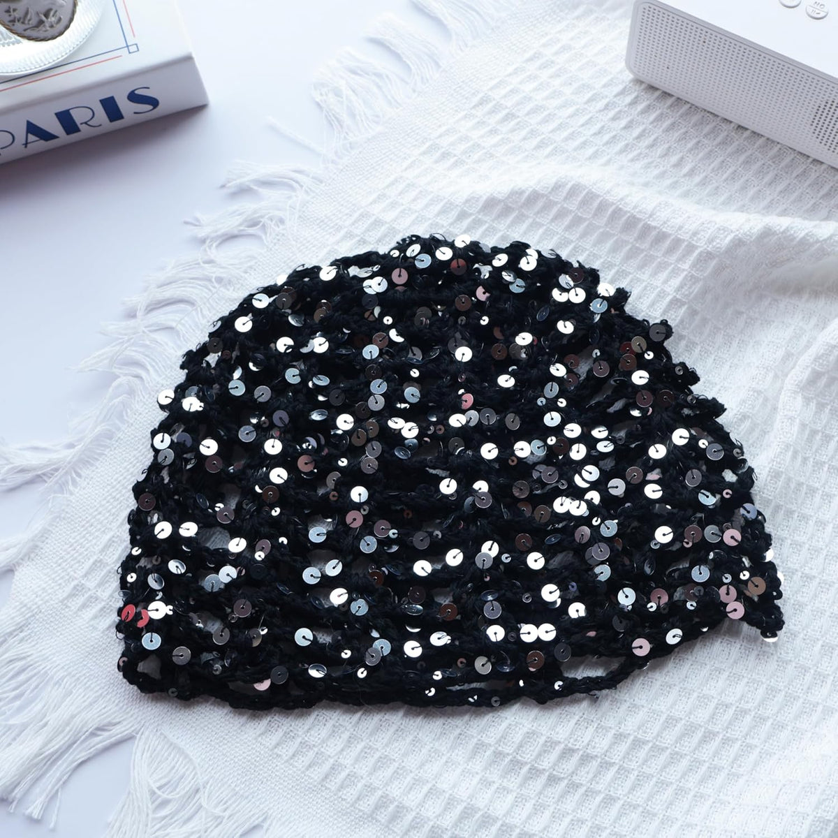 HENWASAI Gorro de ganchillo brillante para mujer con ribete de perl...