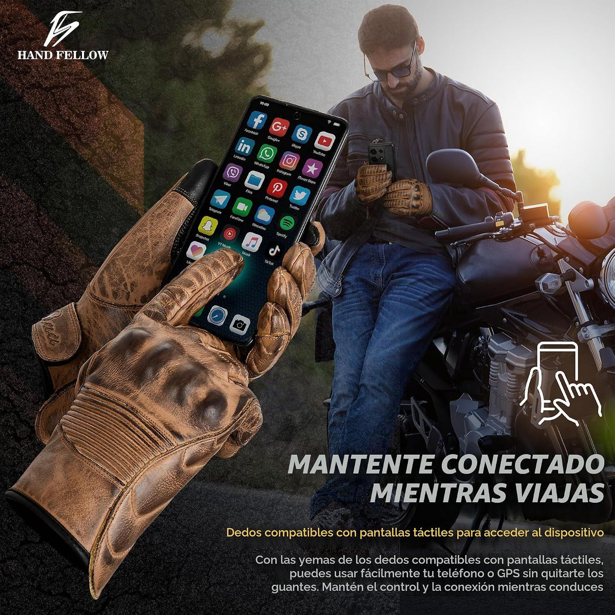 Hand Fellow Guantes de cuero para hombre | Guantes de ciclismo para...