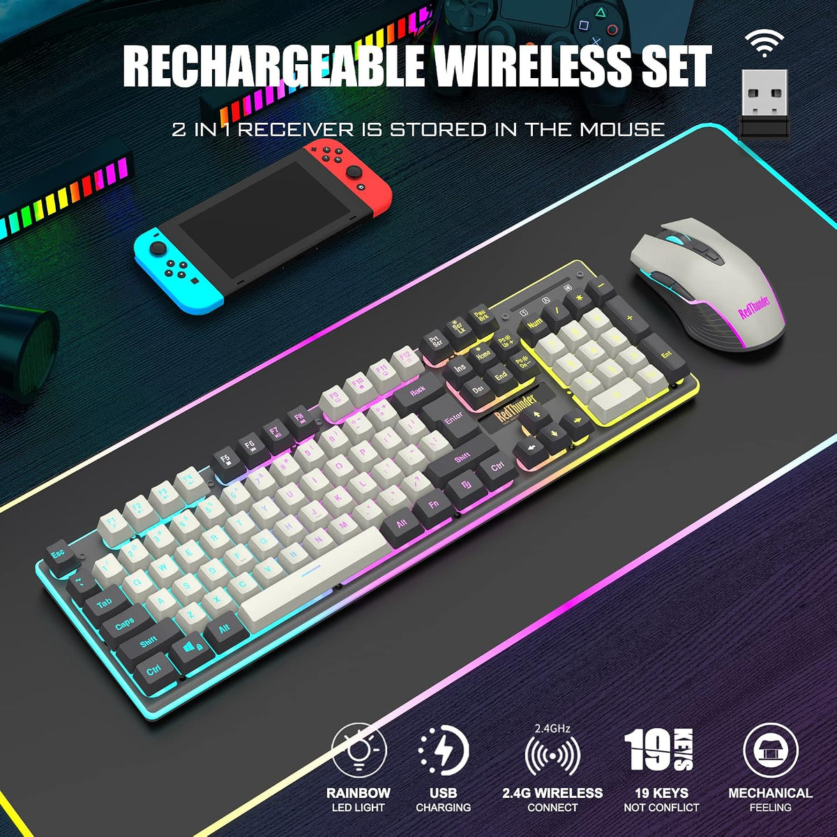 RedThunder K10 Pro - Combo de teclado y ratón inalámbricos para jue...