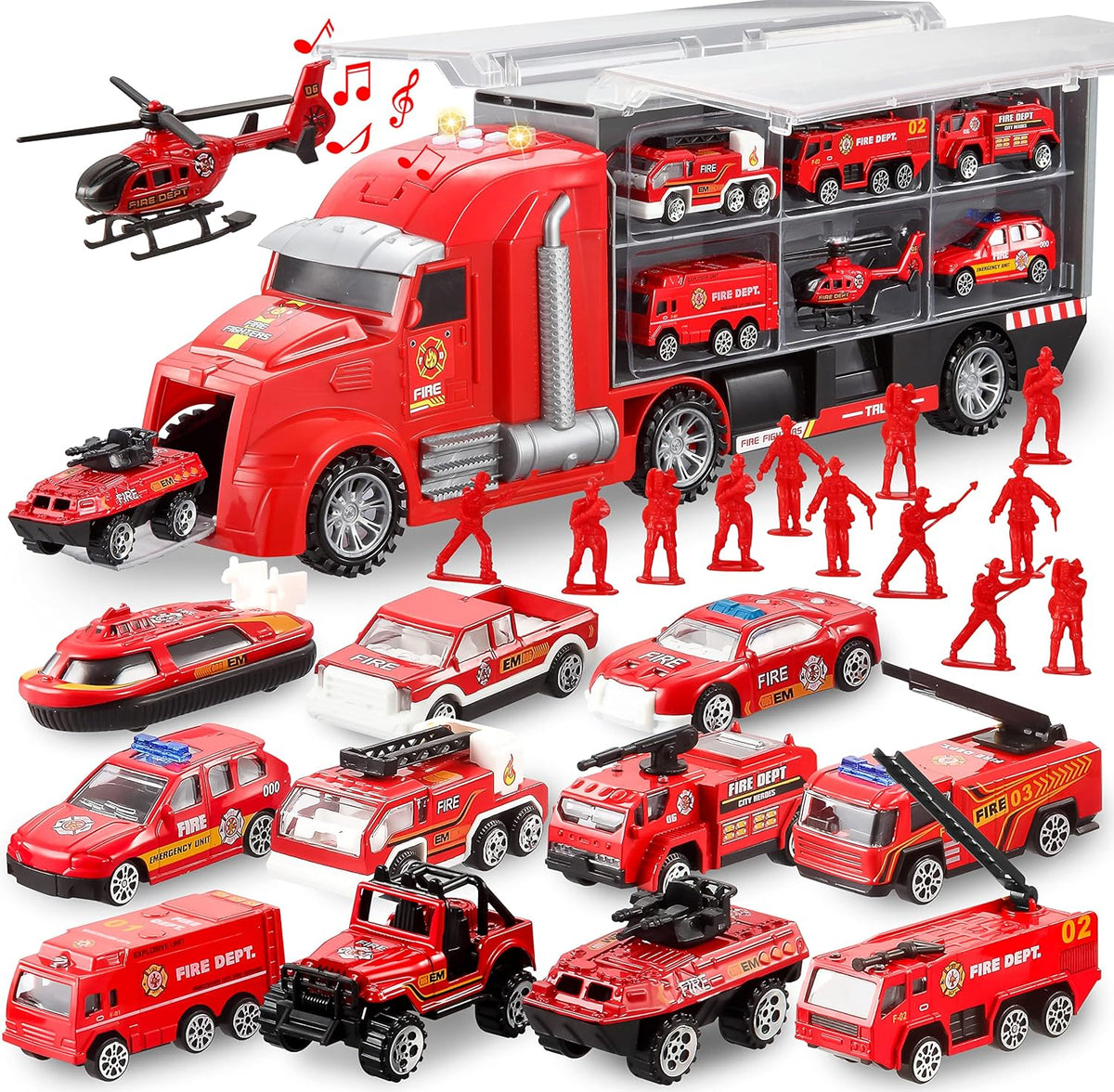 JOYIN Juego de vehículos de camión de bomberos 25 en 1 con sonidos...