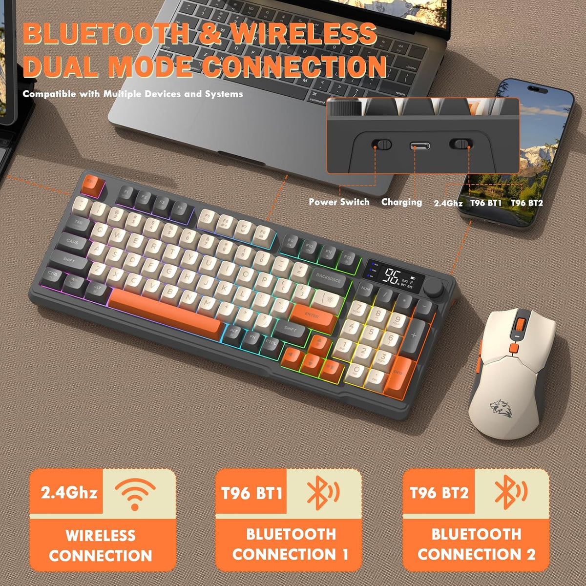FREEWOLF T96 Smart Display Wireless Gaming Keyboard and Mouse Peine...