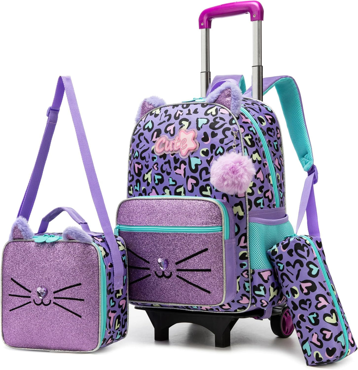 Meetbelify Mochila con ruedas para niñas, con diseño de gato, con r...