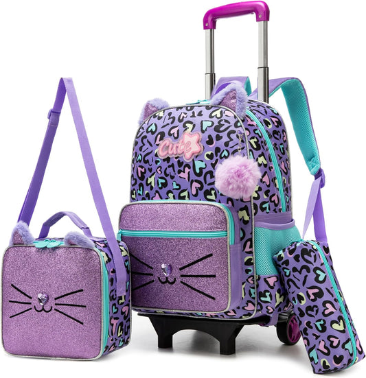 Meetbelify Mochila con ruedas para niñas, con diseño de gato, con r...