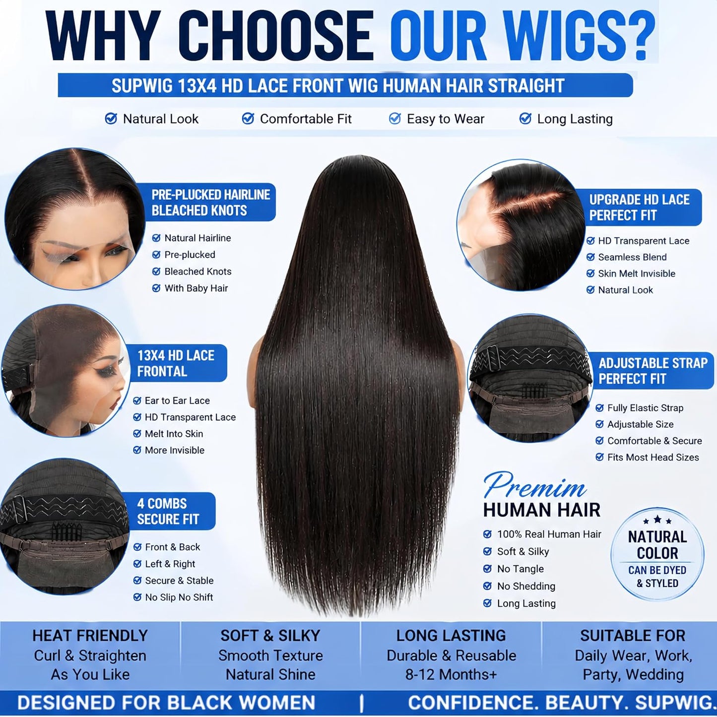 SupWig Peluca de cabello humano lacio con encaje frontal de 13 x 4...
