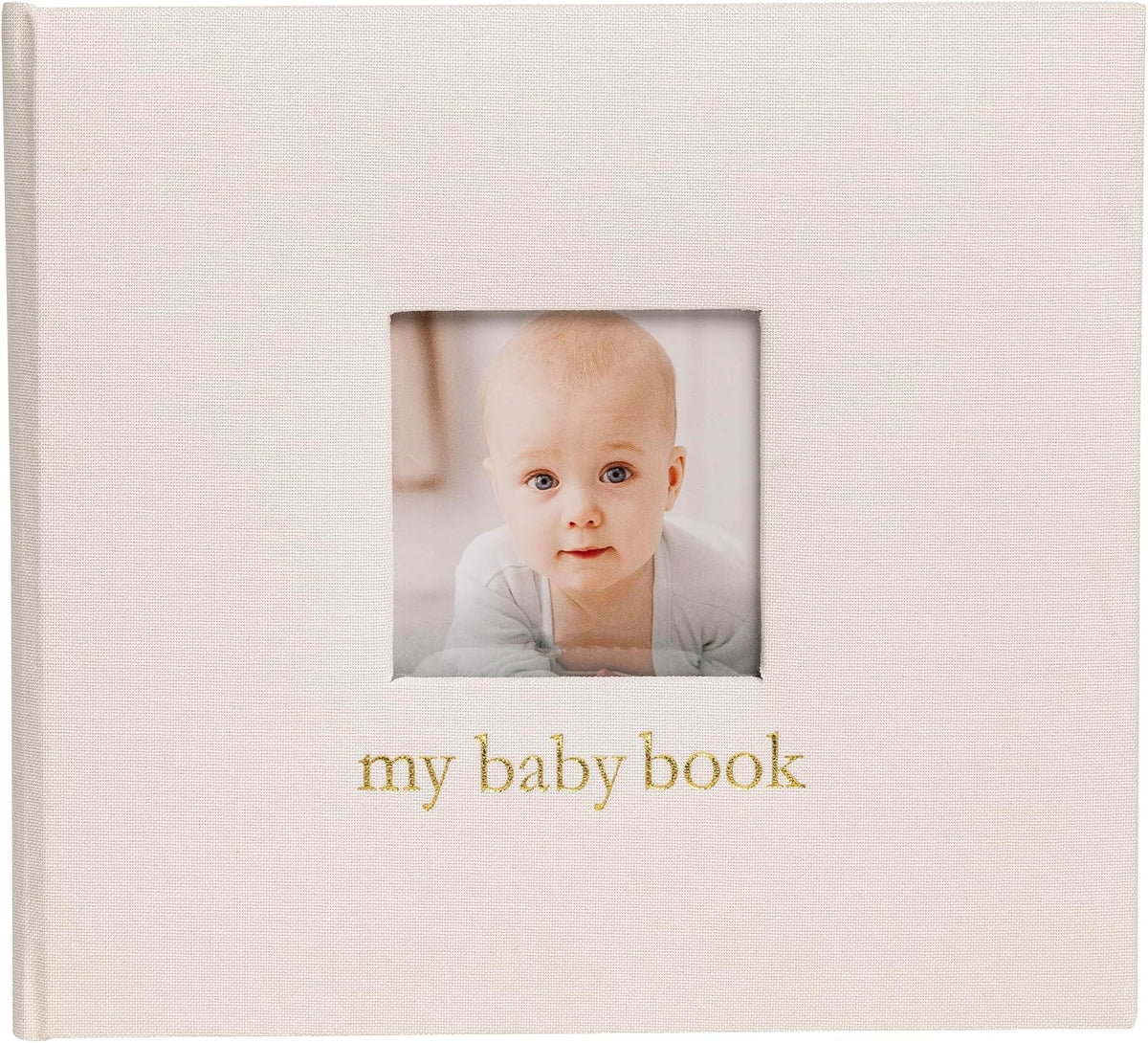 Pearhead Libro de recuerdos de bebé de lino marfil, inserto de cubi...