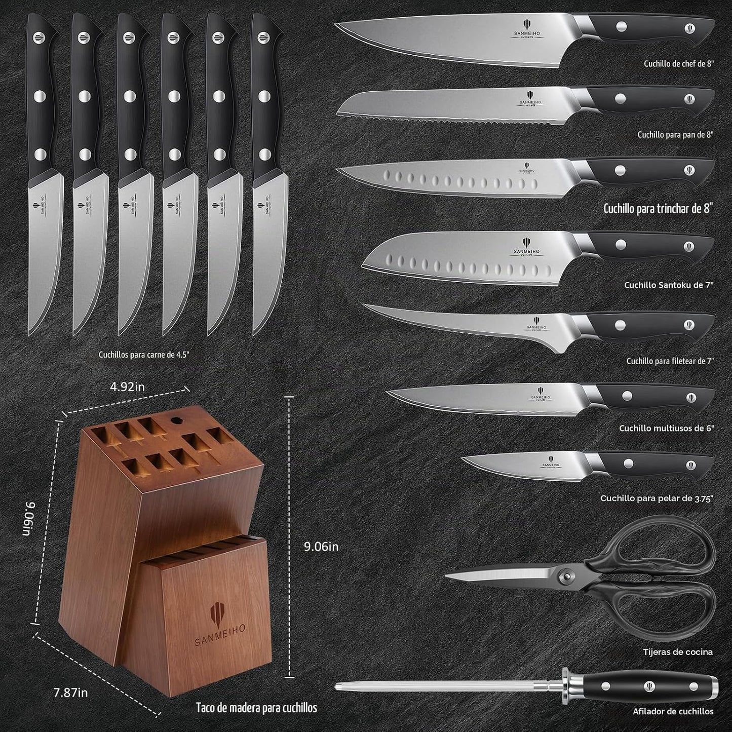 SANMEIHO Juego de 16 cuchillos de cocina japoneses con bloque, apto...