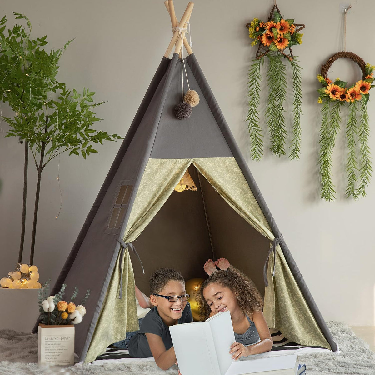 TreeBud Tienda de campaña tipo tipi para niños, alfombra acolchada...