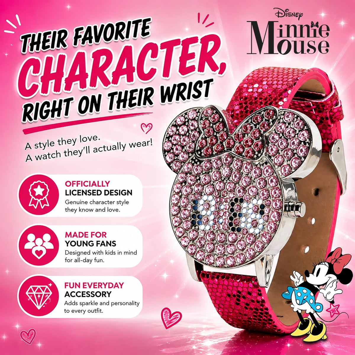 Disney Minnie Mouse - Reloj LED para niñas con esfera de cristal y...