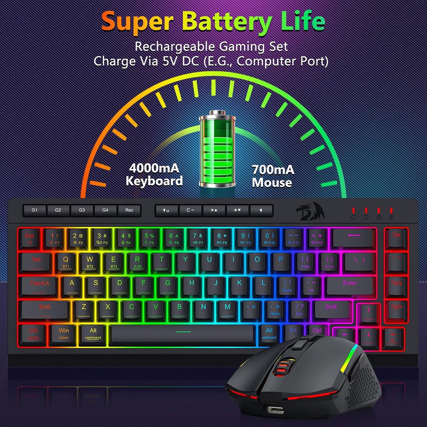 Redragon Combo de teclado y mouse inalámbricos para juegos, Bluetoo...