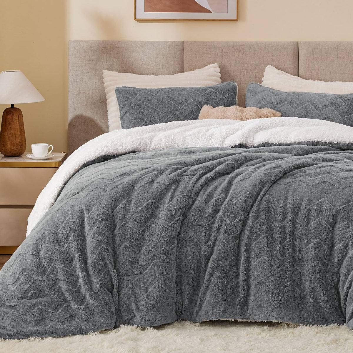 BEDELITE Juego de edredón de sherpa mullido, color gris | Ropa de c...