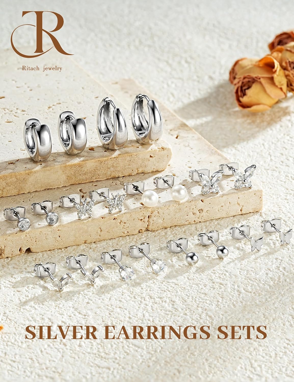 Juego de aretes pequeños de oro para mujer, chapados en oro de 14 q...
