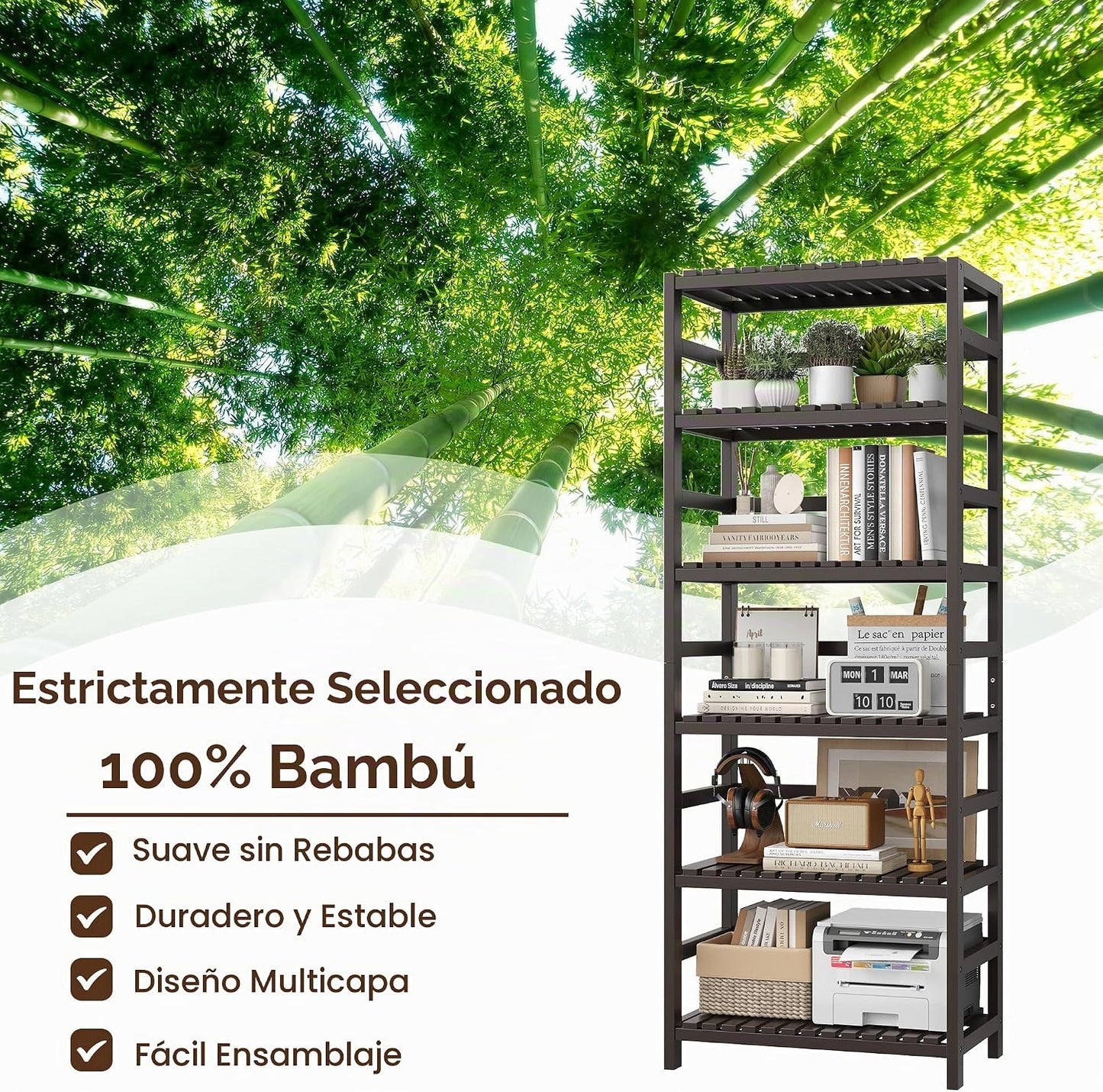 FOTOSOK Estantería de bambú de 6 niveles, estantería de libros ajus...