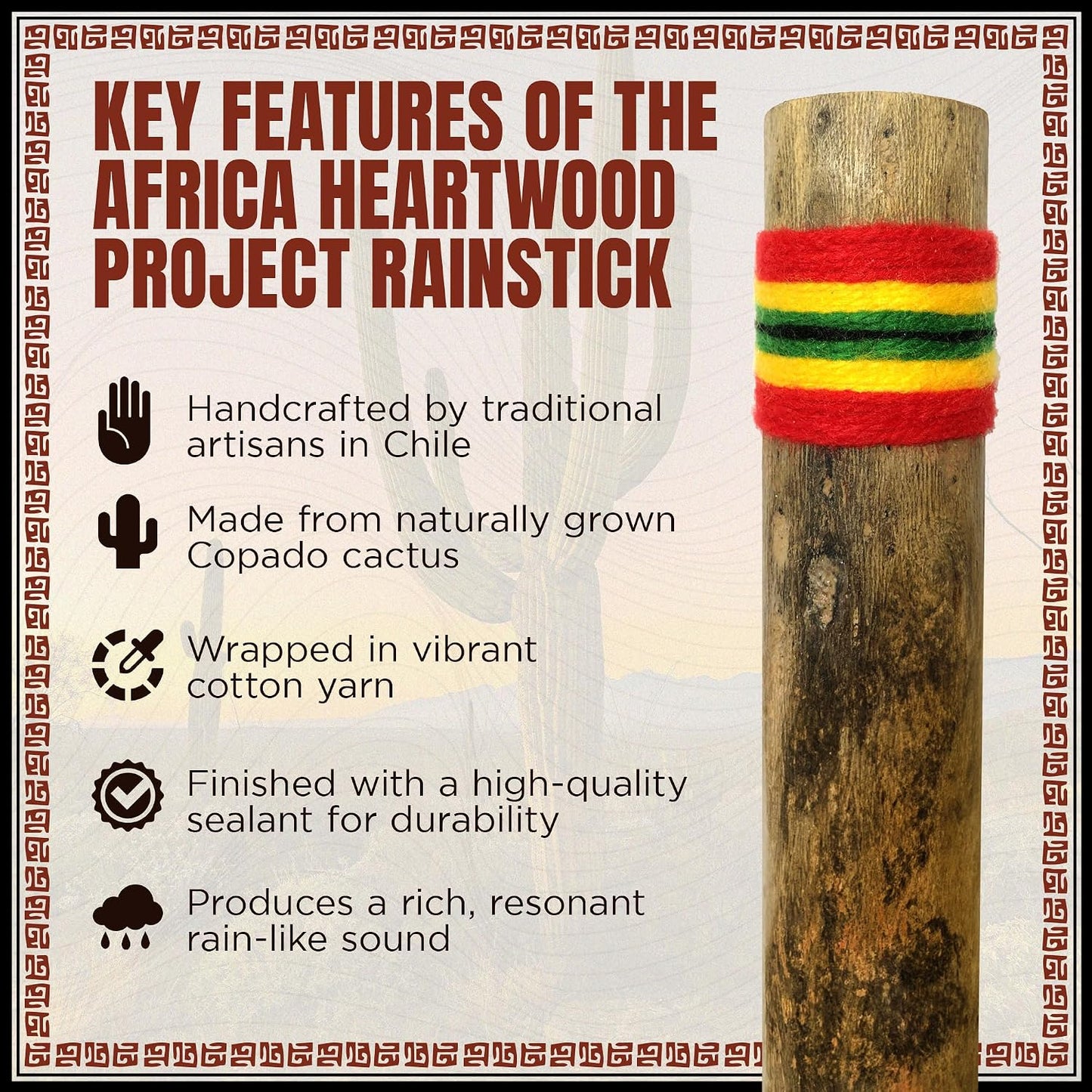 Africa Heartwood Project - Palo de lluvia de cactus de 20 pulgadas...