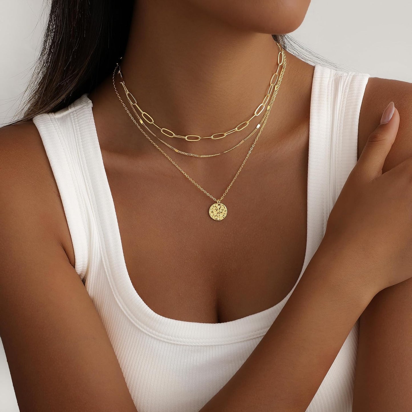 JECOMY Collar de oro en capas para mujer, collar chapado en oro de...