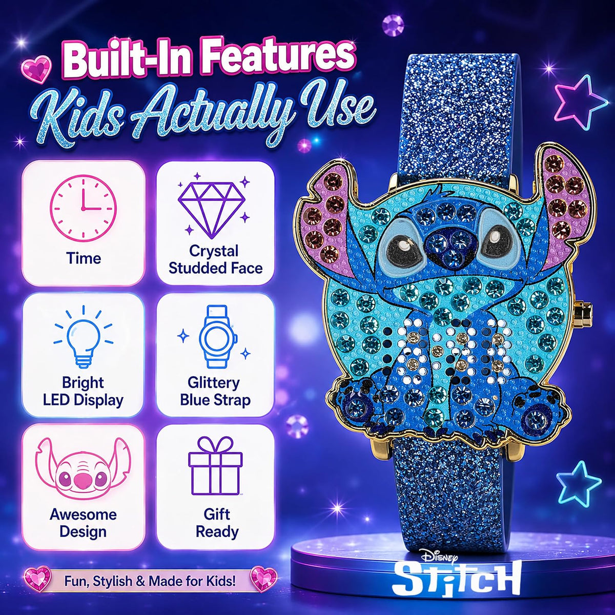 Disney Stitch - Reloj LED para niñas con esfera de cristal y correa...
