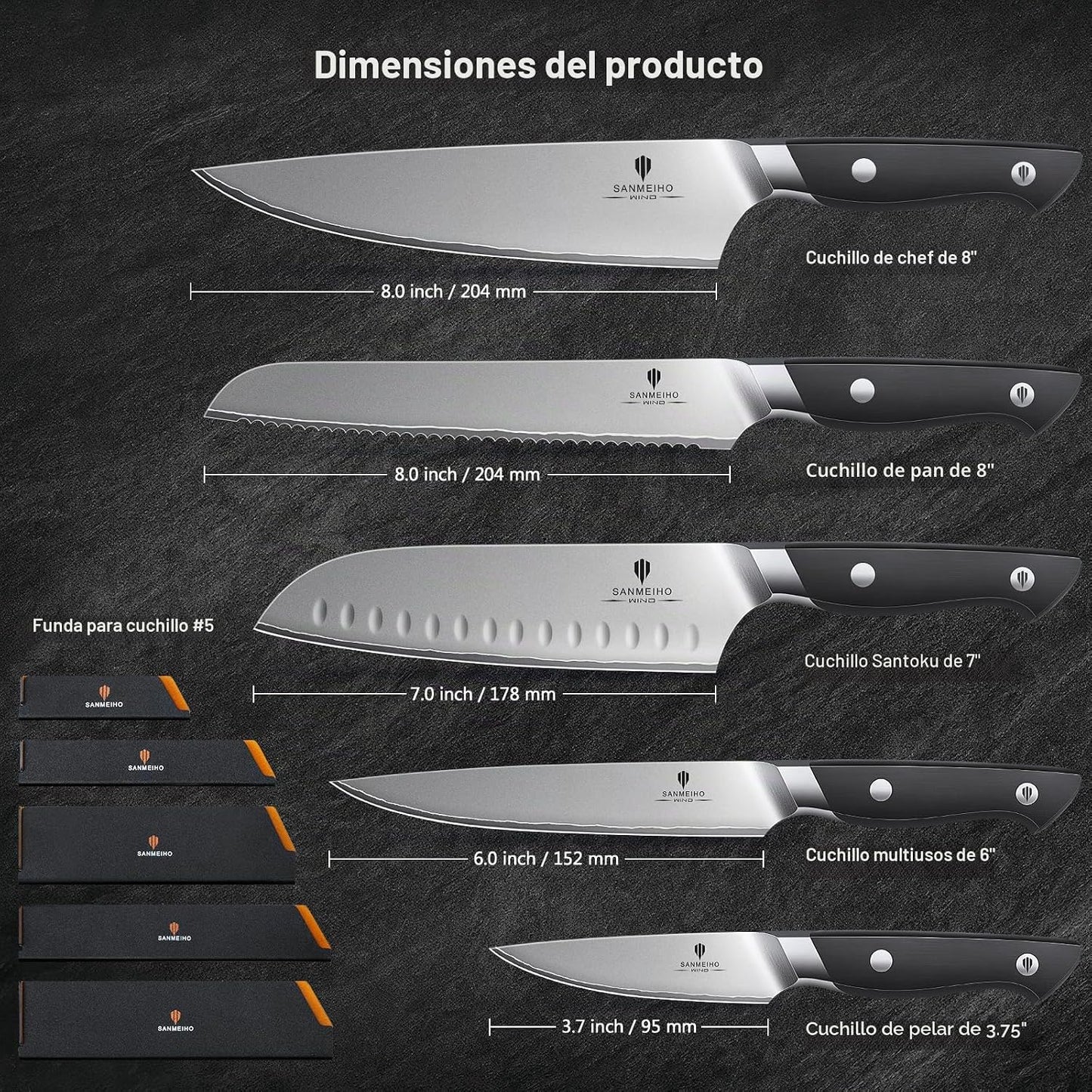 SANMEIHO Juego de 10 cuchillos de cocina japoneses, aptos para lava...