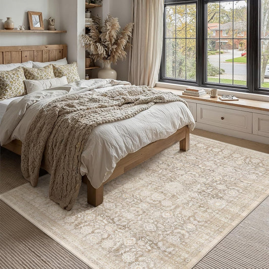 WondRg 8 x 10 Beige Lavable Alfombra Neutra para Área de la Sala de...