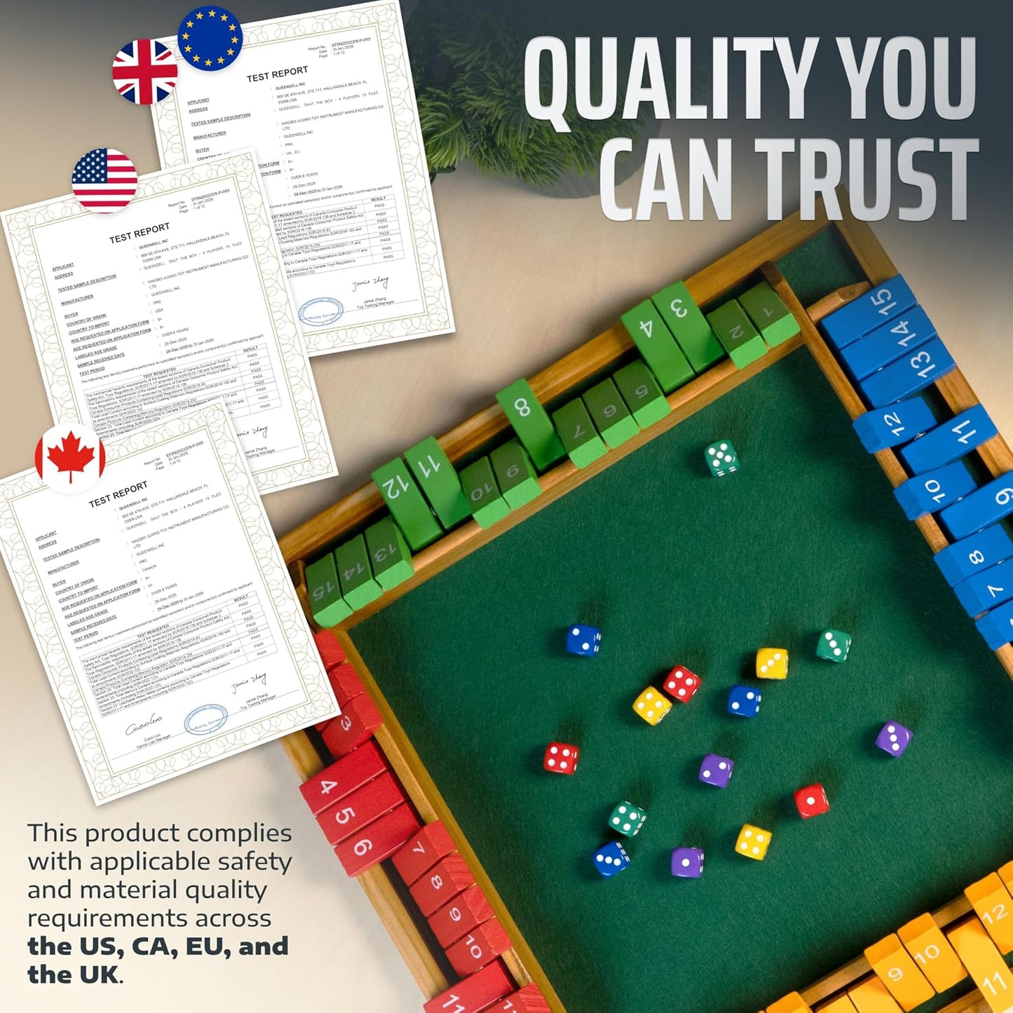 Queensell Shut The Box Juego de mesa de madera para 4 jugadores, ju...