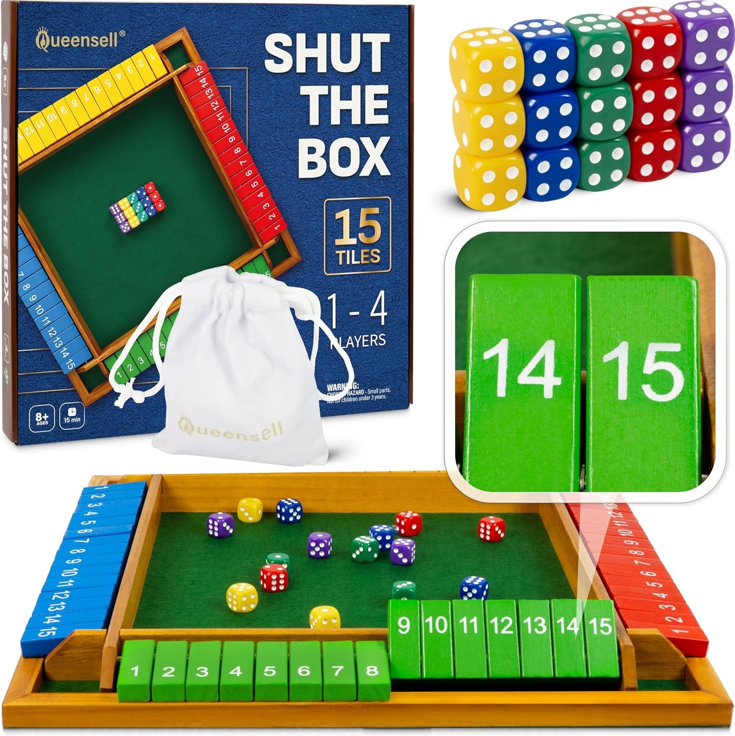 Queensell Shut The Box Juego de mesa de madera para 4 jugadores, ju...