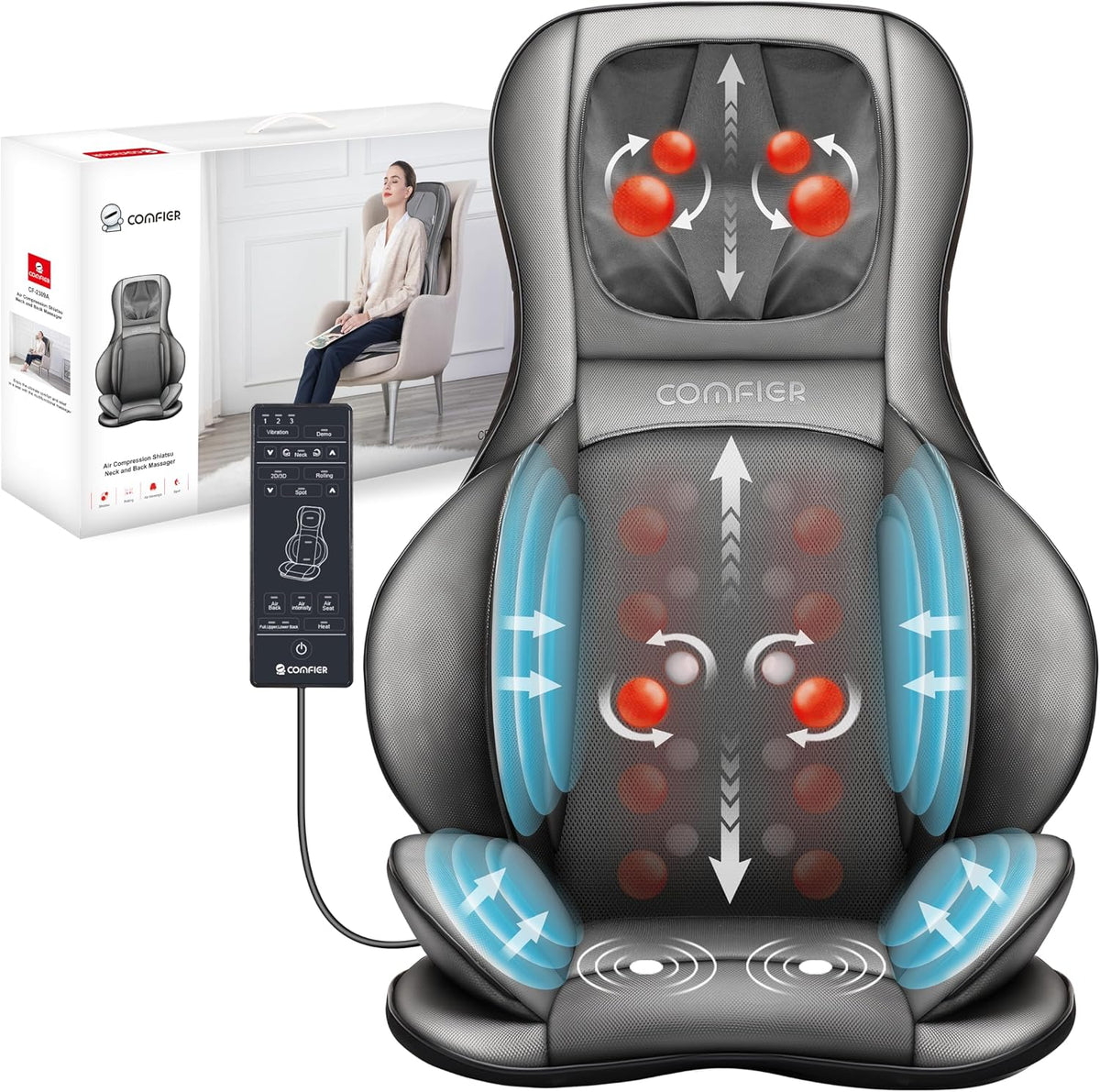 COMFIER Shiatsu Masajeador de cuello y espalda con calor, nodos aju...