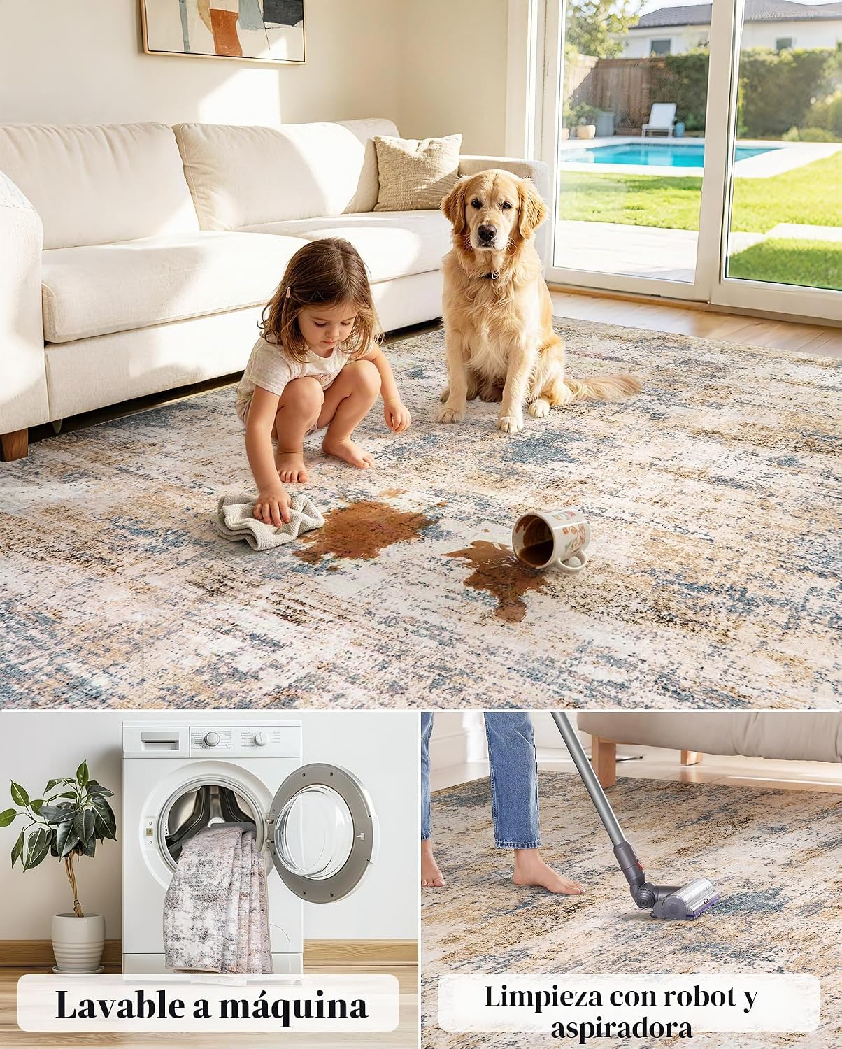 Alfombra lavable para sala de estar, 8 x 10, moderna, neutra, abstr...