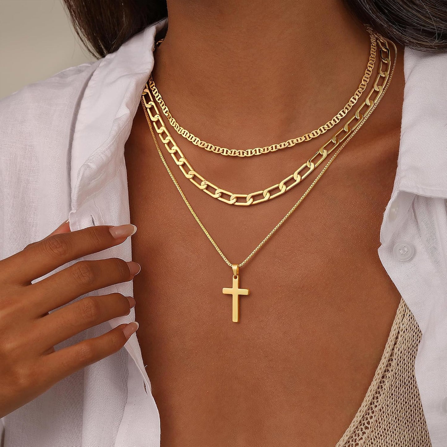 M MOOHAM Collares de oro en capas para mujer, chapado en oro de 14...