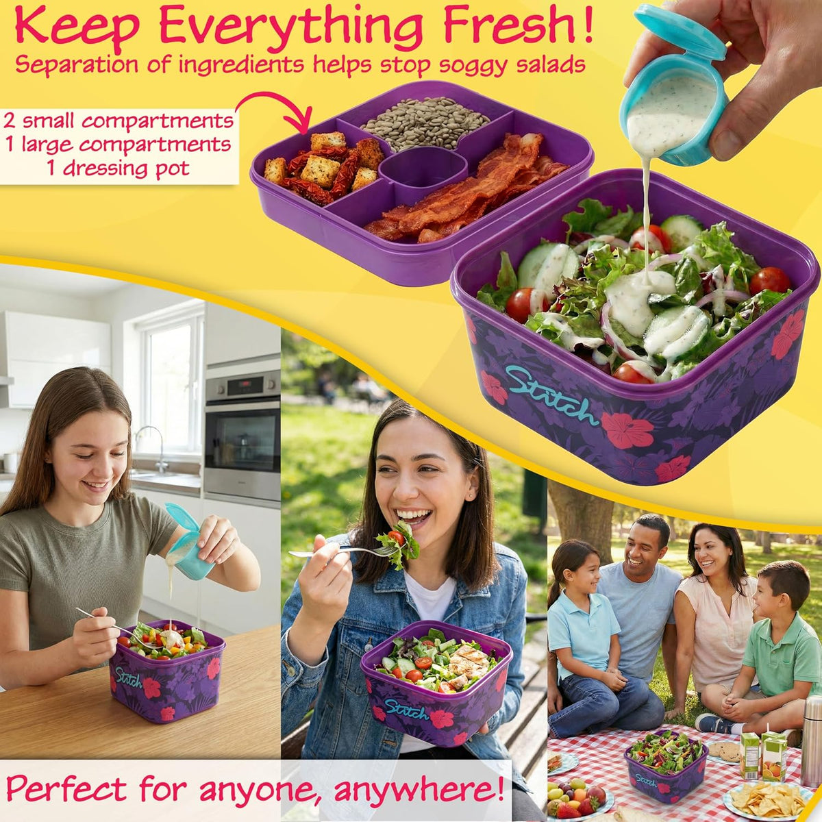 Disney Stitch - Contenedor de ensalada Bento para niños, lonchera p...