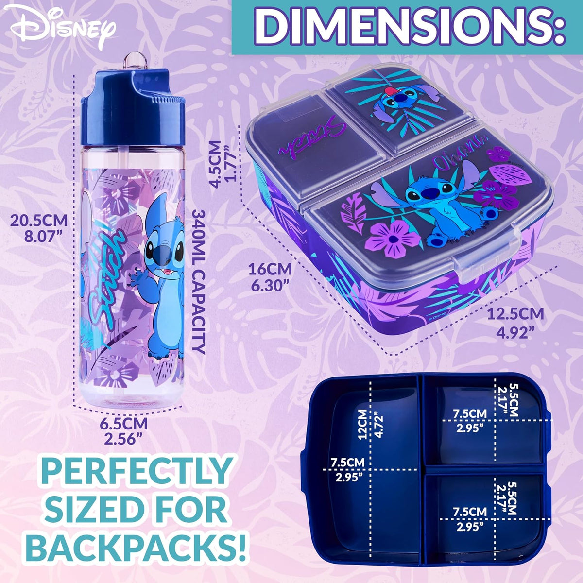 Disney Stitch - Lonchera infantil con compartimentos y botella de a...
