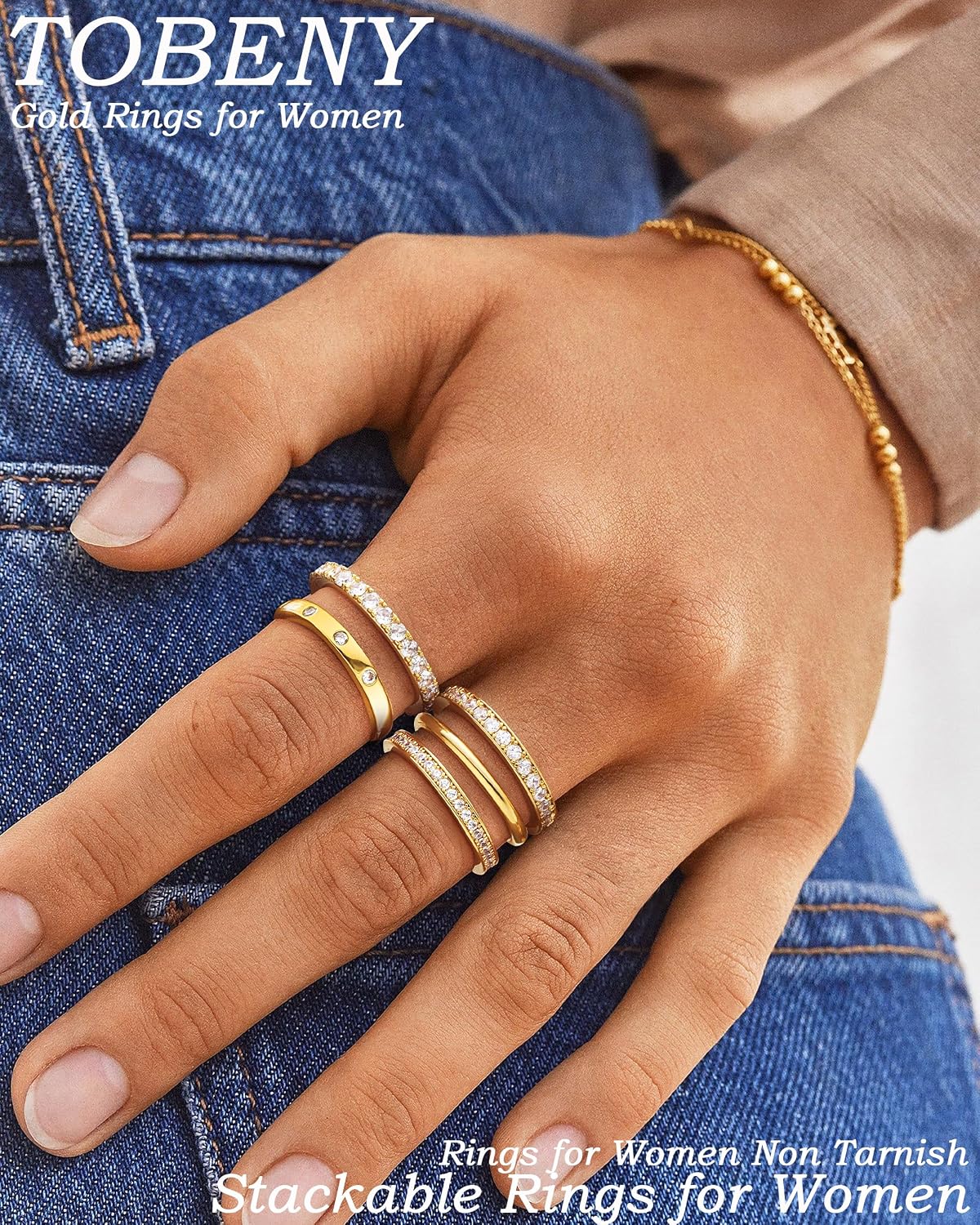TOBENY Anillos de oro apilables para mujer sin deslustre, delicados...