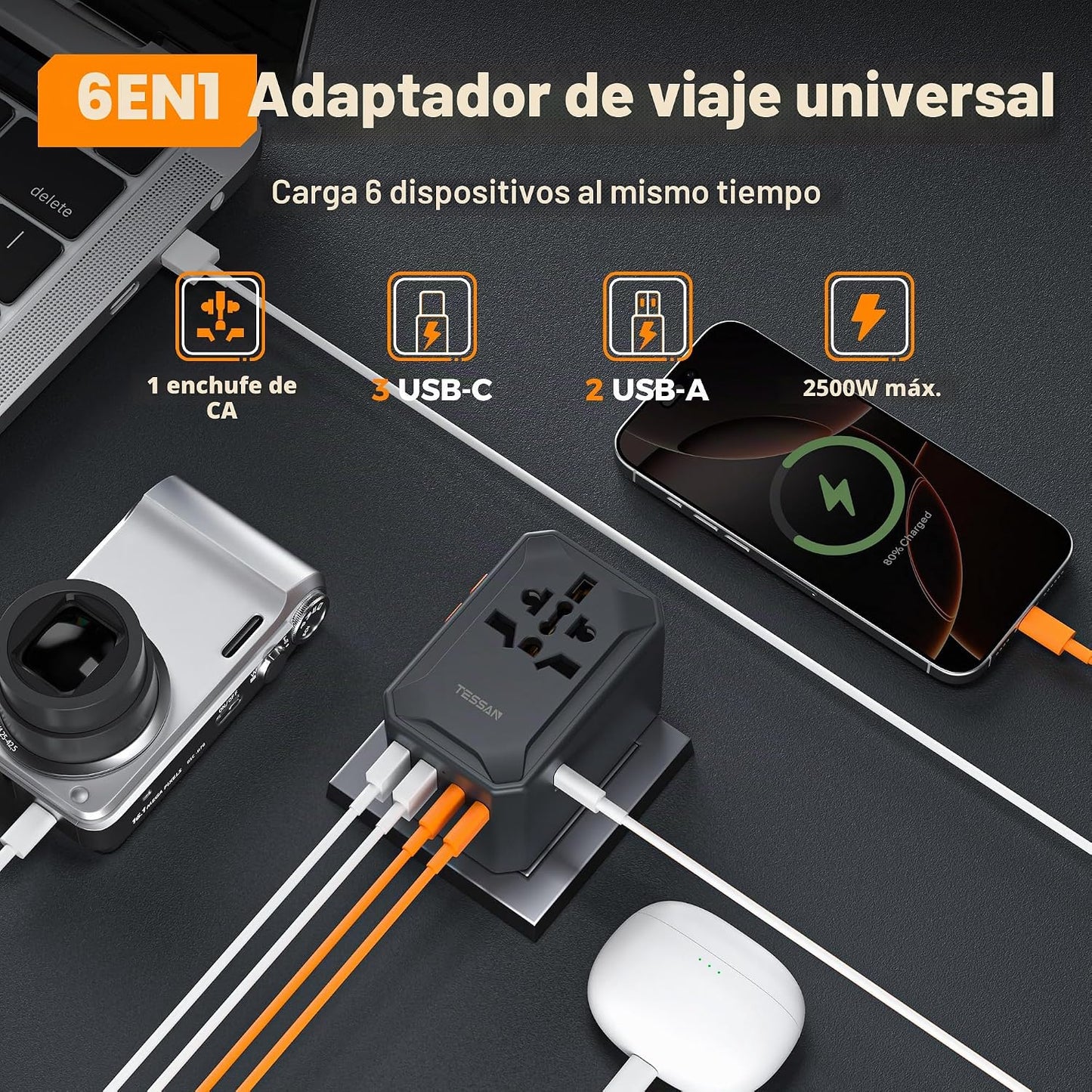 TESSAN Adaptador universal de viaje, GaN 65W, negro | Adaptador de...